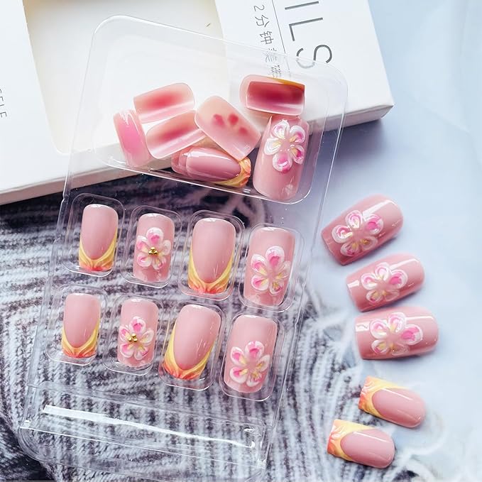 French Tip Press on Nails Medium Square Fake Nails with Design Glossy Pink Nail Tips Artificial Glue on Nails 3D Handmade Press ons Flower Acrylic Nails Reusable Stick on Nails for Women 24 Pcs