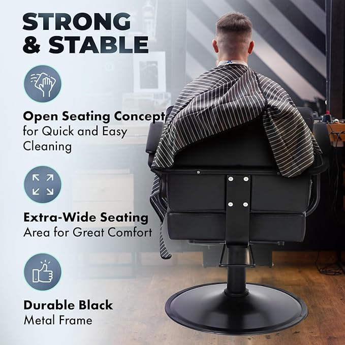 Buy-Rite Atlas Professional Salon Styling Chair - Extra-Wide Seat, Black Metal Frame, Premium Black Vinyl with Detailed Stitching, Open Back Design, Hydraulic Base, NIN-5516