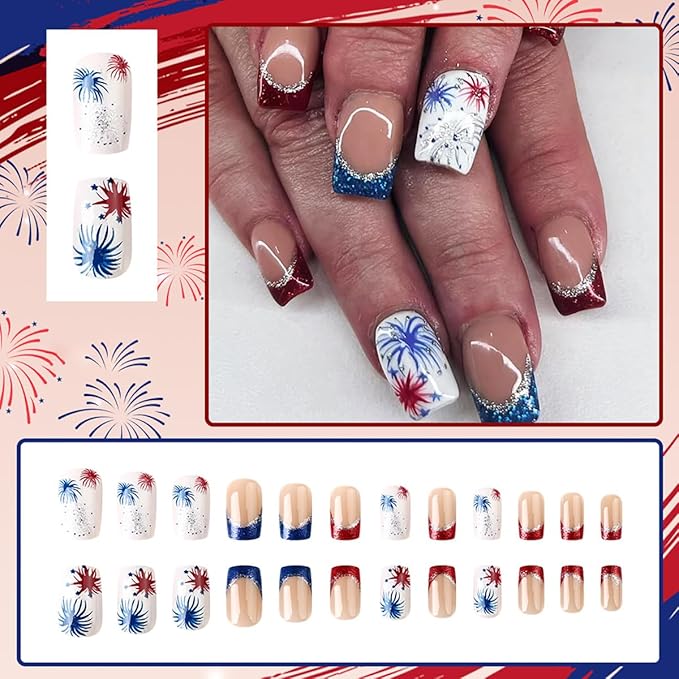24Pcs Independence Day Press on Nails Medium French Tip Fake Nails Glitter Firework Full Cover Square Glue on Nails 4th of July Acrylic Nails Patriotic False Nails French Artificial Stick on Nails