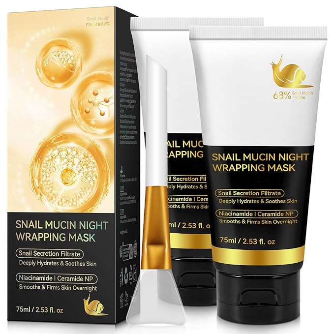 2Pack 9000PPM Snail Mucin Collagen Overnight Wrapping Peel Off Mask for Intensive Hydrating, Skin Barrier Repairing, Reducing Sagging/Wrinkles/Fine Lines, 2.53 Oz/75 ML
