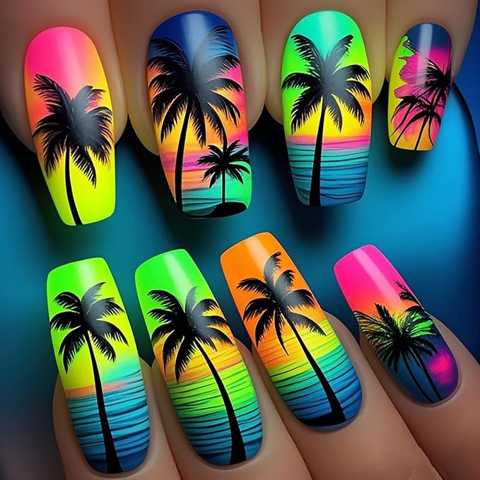Black Coconut Tree Press on Nails Long Length Colorful Fluorescence Acrylic Nail Full Cover Glossy Ballet Shaped Artificial Stick on Nail Beach Artificial Fingernails DIY Glue on Nails for Women 24Pcs
