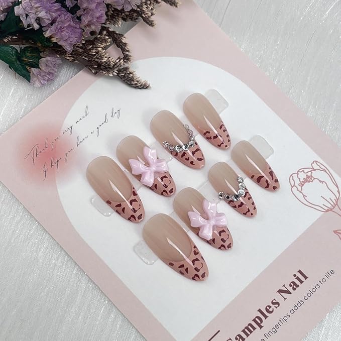 Leopard Print French Tip Press on Nails Medium Length Almond Fake Nails Bow False Nails Brown Nude with Rhinestone Design Glossy Acrylic Stick on Nails for Women Decor Manicure Supplies