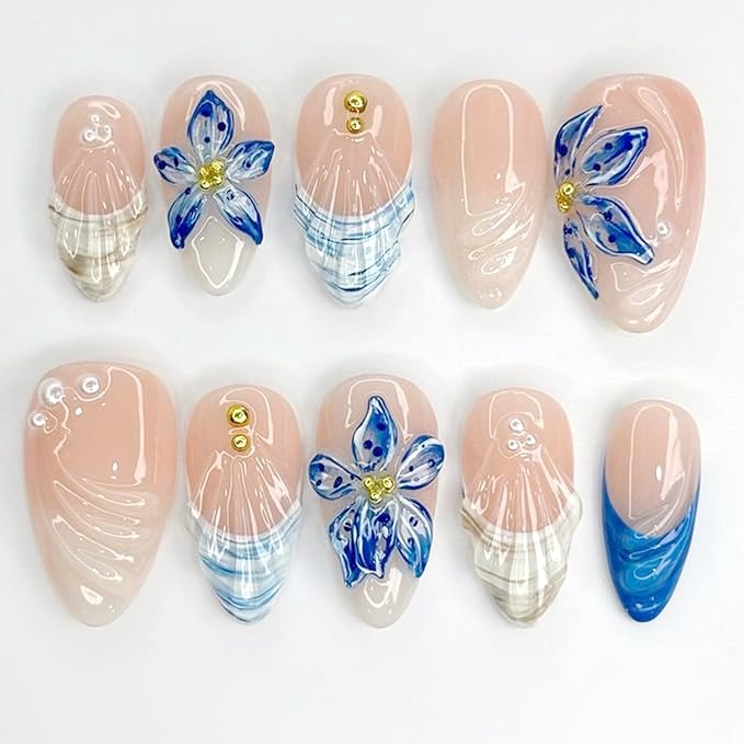 24Pcs French Tip Press on Nails Medium Almond Blue Flower Fake Nails 3D Flower Shell with Gold Bead Pearl Glitter Full Cover Cute Glue on Nail Summer Beach False Nails for Women Acrylic Nails DIY