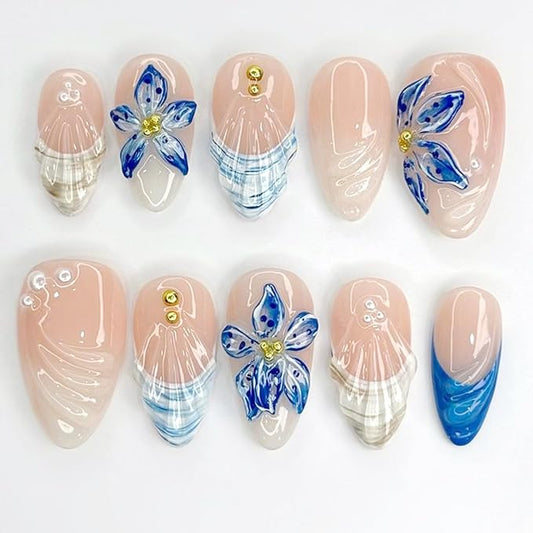 24Pcs French Tip Press on Nails Medium Almond Blue Flower Fake Nails 3D Flower Shell with Gold Bead Pearl Glitter Full Cover Cute Glue on Nail Summer Beach False Nails for Women Acrylic Nails DIY