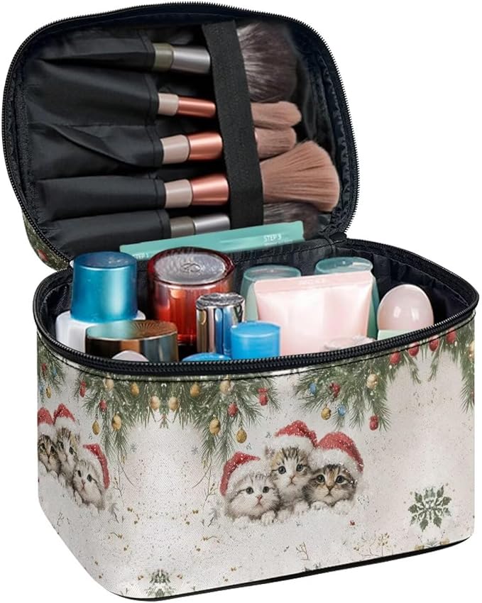 Cute Cats Travel Makeup Bags for Women Portable Tote Cosmetic Case with Carry Handle Toiletry Accessories Storage Organizer Bags for Christmas, White