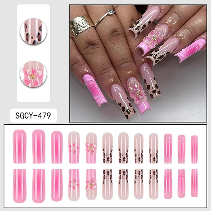 Long Press on Nails Square Fake Nails French False Nails Pink Artificial Nails with Flowers and Leopard Designs Cute Stick on Nails for Women 24pcs