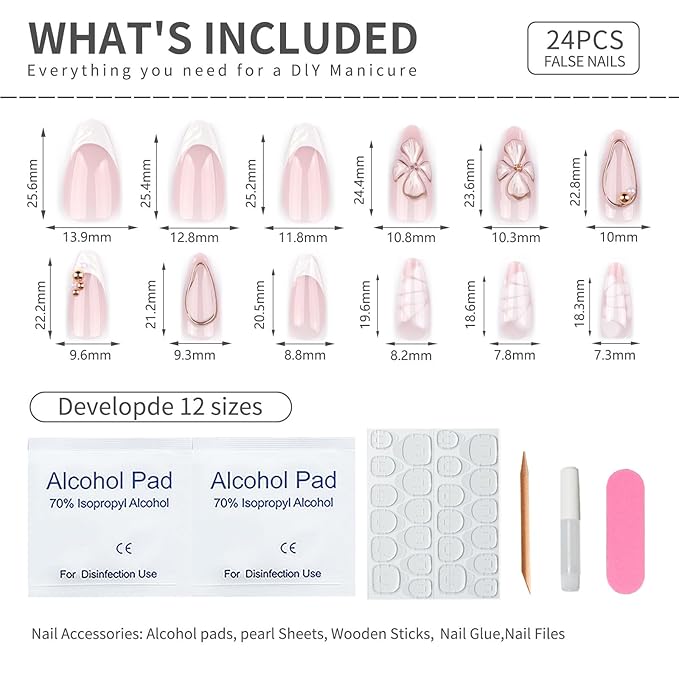 3D Flower Press On Nails Almond Shape – Medium Length Nude Pink Acrylic Fake Nails with Gold Beads & White Tips, 24PCS Glossy Stick On Nails with Tools, Reusable Elegant False Nails for Women