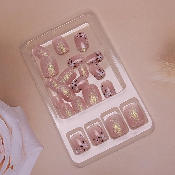 Flowers Press on Nails Short Square Fake Nails Chrome Glitter Acrylic Nails French Tip False Nails Press ons Glossy Glue on Nails Cute Artificial Nails for Women Girls Manicure 24Pcs