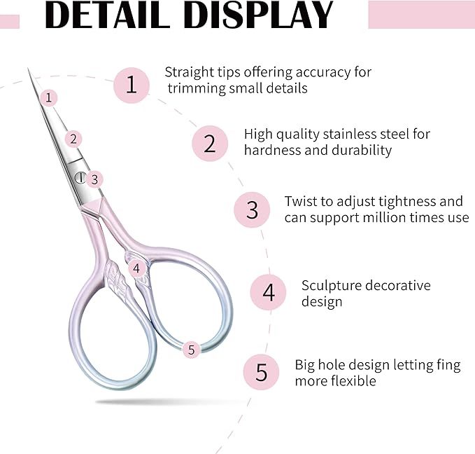 2 Pcs Eyebrow Scissors for Women, Professional Grooming Mini Scissors with Stainless Steel Straight Tip, 3.5 Inch Pink Small Scissors Beauty for Facial Hair, Eyebrows, Beard, Ear, Nose, Moustache