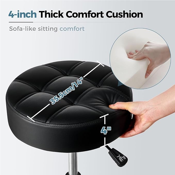 BEWISHOME Rolling Stool with Wheels, Adjustable Stool Heavy Duty 450lb, 360° Swive Rolling Chair for Massage Spa Medical Tattoo, PU Thick Seat Padding Salon Chair(Black) BYD01B