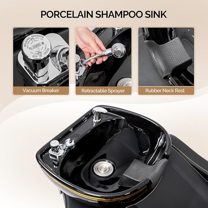 OmySalon Shampoo Backwash Unit with Large Porcelain Bowl, Salon Sink Hair Wash Chair Shampoo Station, Barbershop Beauty Spa Massage Hairdressing Equipment