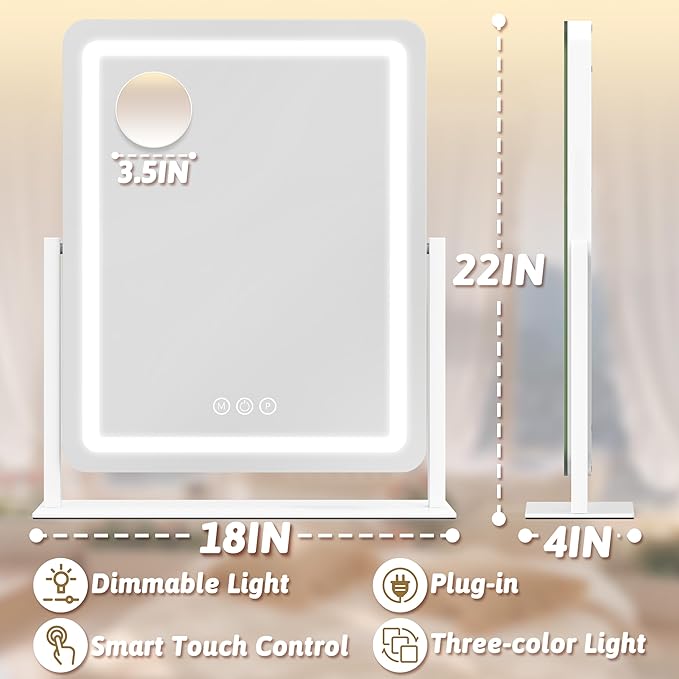 22x18 Inch Vanity Mirror with Lights, 3 Color Dimmable LED Lighting, Smart Touch Control & 360° Rotation, Large Makeup Mirror for Bedroom, Dressing Room (White)
