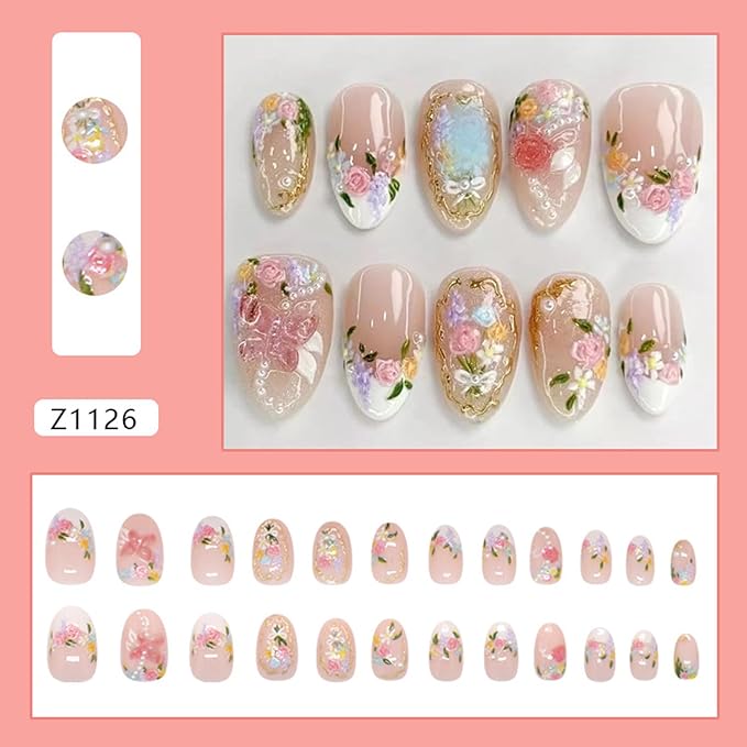 24Pcs Flower Press on Nails Short False Nails Art Summer Sweet Colorful Smudge Almond Full Cover Nude Press on Fake Nails French Short Solid Color Stick on Nails for Women Manicure