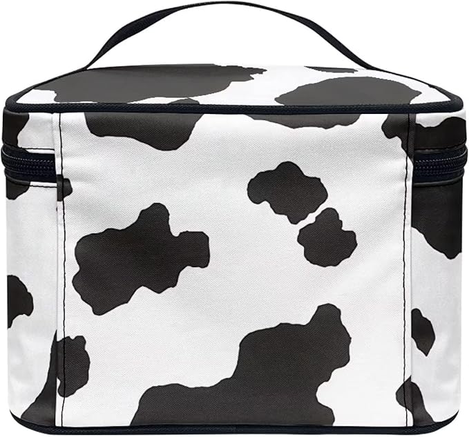 White Black Cow Cowhide Cute Print Portable Makeup Bags for Women Large Capacity Cosmetic Organizer and Storage Pouch with Zipper and Handle Travel Toiletry Accessories