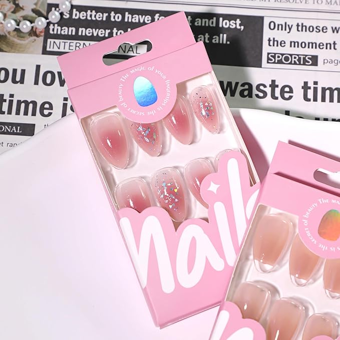 24Pcs Glitter Press on Nails Short Almond Fake Nails Heart Sequin Glue on Nails Gradient Pink Full Cover Acrylic False Nail Tips Sparkly Artificial Nail Stick on Nail for Women Manicure Decorations