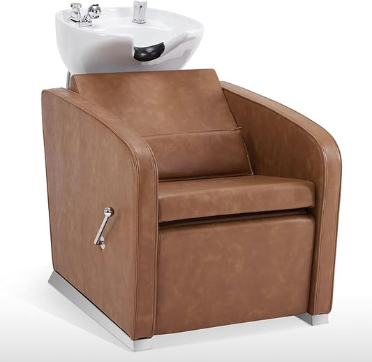 BarberPub Backwash Shampoo Station Chair, Adjustable Porcelain Ceramic Hair Wash Bowl Sink Unit Station, Reclining Shampoo Station Chair for Spa Beauty Salon Hair Salon Equipment 9303 (Brown)