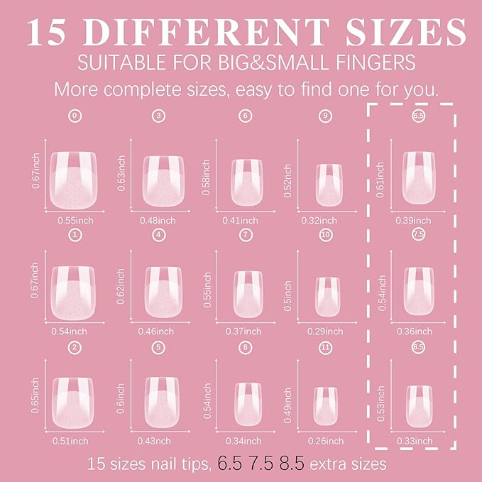 Extra Short Square Nail Tips, SSWSBYKE Gel Acrylic Nail Tips for Full Cover Pre-Shaped Fake Nails Tips Half Matte Press On Nails for Extension Home DIY Salon 300pcs 15 Sizes