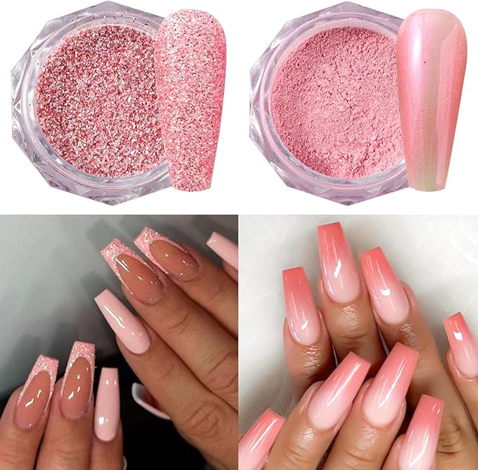Pink Nail Glitter Powder, 12pcs Nail Art Sequins Dust Set, Holographic Paillette Sparkle Flakes for Acrylic Tips Manicure Decorations