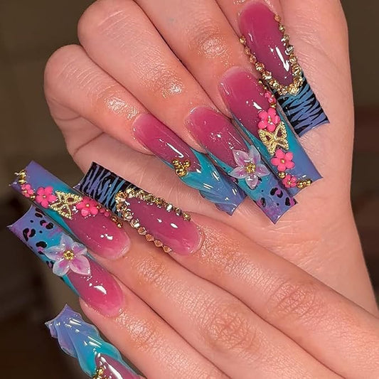 Bule French Tip Press on Nails Pink Long Square Fake Nails 3D Butterfly Flower Rhinestone Design Full Cover Glossy Glue on Nails for Women 24PCS