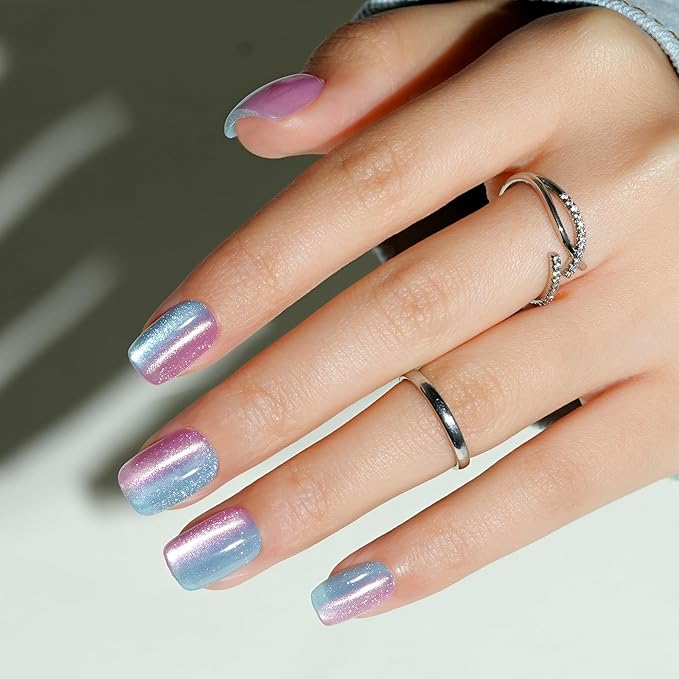 Press on Nails Short, Jofay Fashion Fake Nails, Two-color Ombre Cat Eye Press on Nails, Summer Acrylic False Nails, Reusable Stick on Nails for Women Girls, Glue on Nails Kit 32 Pcs, Twilight Purple