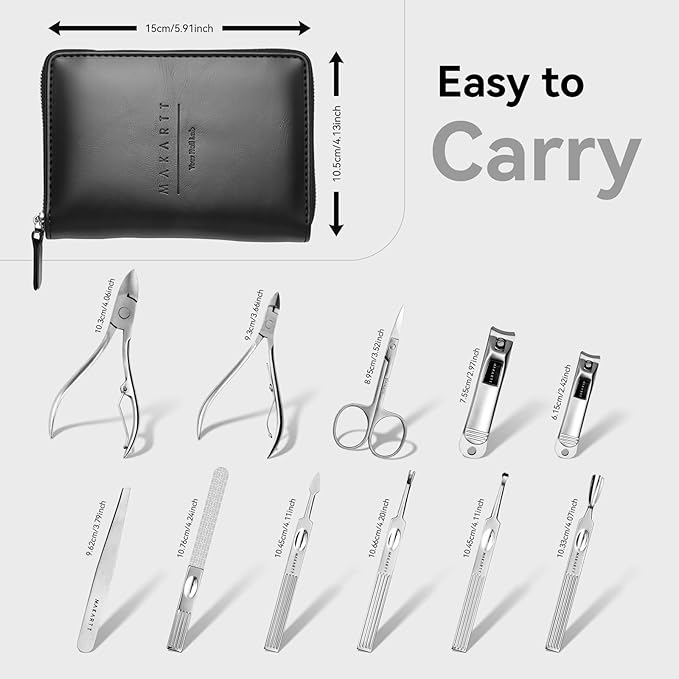 Makartt Manicure Kit: Professional Nail Care Clippers Set - 11 pcs Stainless Steel Tavel Women Men Fingernail Grooming Tool with Portable Black Leather Case