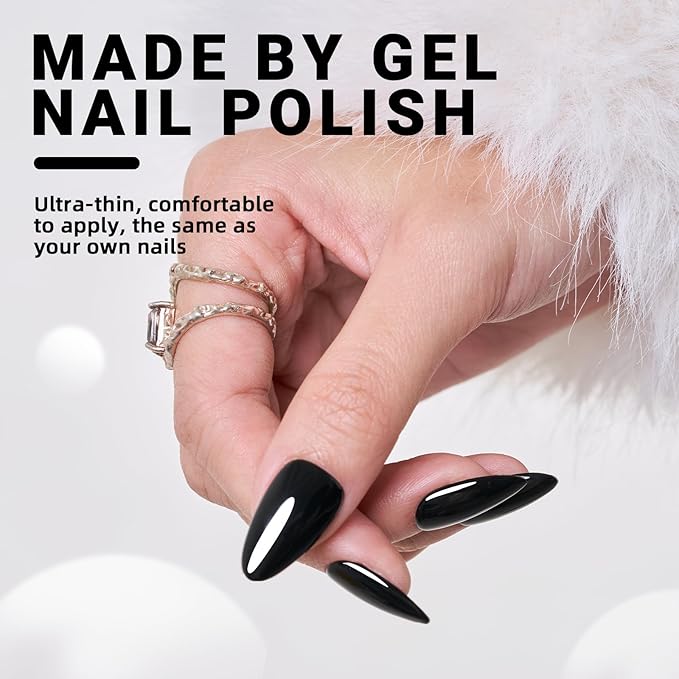 Wooyas Press on Nails Almond,Black Medium Glossy Handmade Gel False Nails,Reusable Salon Perfect Fake Nail Kit in 12 Sizes - 24 Pcs Soft Gel Glue On Nails Kit for Women Gift