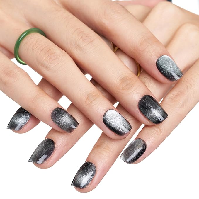 GLAMERMAID Press on Nail Extra Short Square, Winter Handmade Black French Tip Cat Eye Gel Glue on Nail, Glossy Fake Nails Reusable Acrylic False Nails Manicure Kits for Women