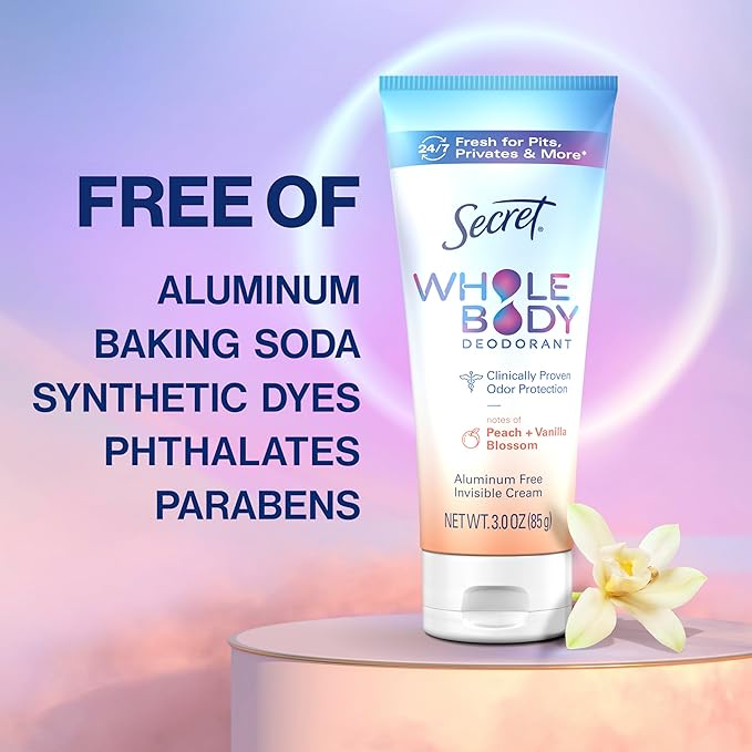 Secret Whole Body Deodorant Cream for Women, Peach & Vanilla Blossom Scent, Aluminum Free Deodorant, 72 HR Odor Protection, 3.0 oz