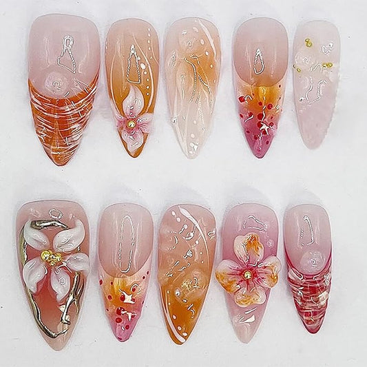 24Pcs Handmade Press on Nails Medium French Tip Fake Nails Almond Shaped 3D Flower Hibiscus with Gold Beads Glitter Design Glue on Nails Spring Summer False Nails for Women Girls Acrylic Manicure