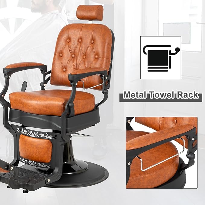 Winado Heavy Duty Vintage Recline Barber Chair Hydraulic with Headrest, Supports up to 700lbs & 360° Rotatable, Professional Salon Beauty Spa Shampoo Equipment (Brown - Square Backrest)