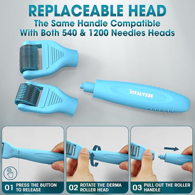 Under Eye & Face Derma Roller – Vitalysse 0.25mm Titanium Microneedling Tool for Dark Circles, Puffy Eyes, Fine Lines– CE & RoHS Certified, Replaceable Head - Safe for Delicate Skin