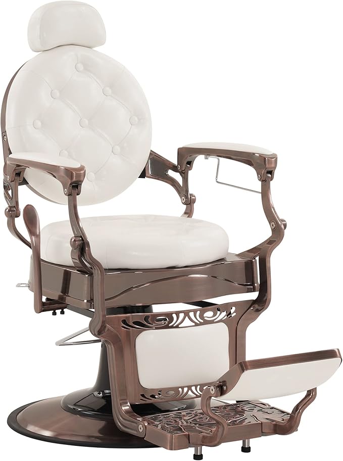BarberPub Heavy Duty Metal Vintage Barber Chair All Purpose Hydraulic Recline Salon Beauty Spa Chair Styling Equipment 8914 (White with Reddish Bronze Frame)
