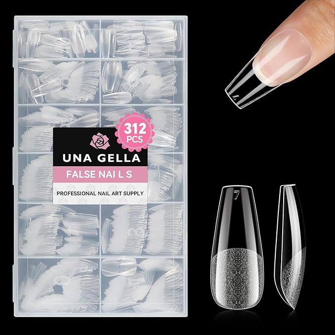 UNA GELLA Medium Coffin Nails Tips, 312Pcs Pre-Etched Gel Nail Tips Coffin Press On Nails Clear Full Cover for Nail Extensions & DIY Art Salon at Home, Long Lasting 12 Sizes