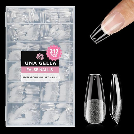 UNA GELLA Medium Coffin Nails Tips, 312Pcs Pre-Etched Gel Nail Tips Coffin Press On Nails Clear Full Cover for Nail Extensions & DIY Art Salon at Home, Long Lasting 12 Sizes