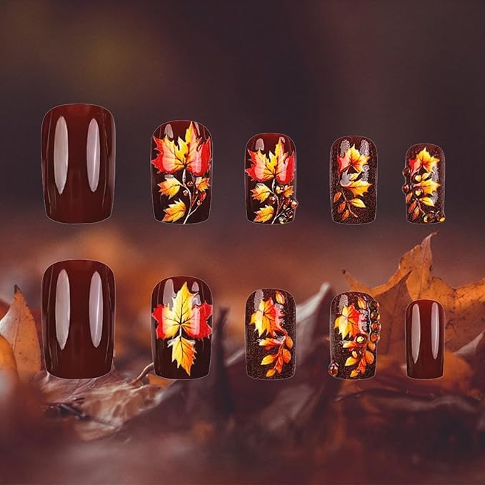 3D Maple Leaf Press on Nails 24Pcs Fall Leaves Stick on Fingernails Thanksgiving Medium Square False Nails Glossy Brown Acrylic Fake Nail Autumn Rhinestones Gel Glue on Nail for Coquette Women Girls