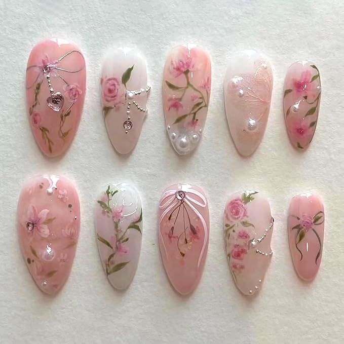 24Pcs Peach Blossom Press on Nails Short Almond Fake Nails Pink Flower False Nails with Pearl Heart Bow Design Spring Summer Artificial Nails Handmade Stick on Nails Full Cover Glue on Nails for Women
