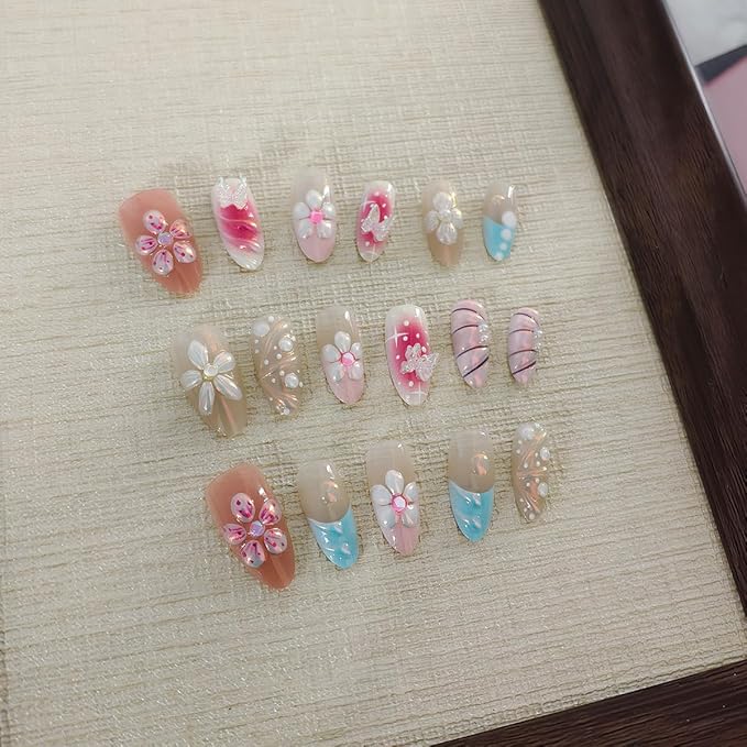 Handmade Press on Nails Almond Fake Nails with 3D Flower Designs Pearls Butterfly Charms French Tip False Nail Aurora Medium Acrylic Stick on Nails Full Cover Embossed Flower Nails for Women,30pcs