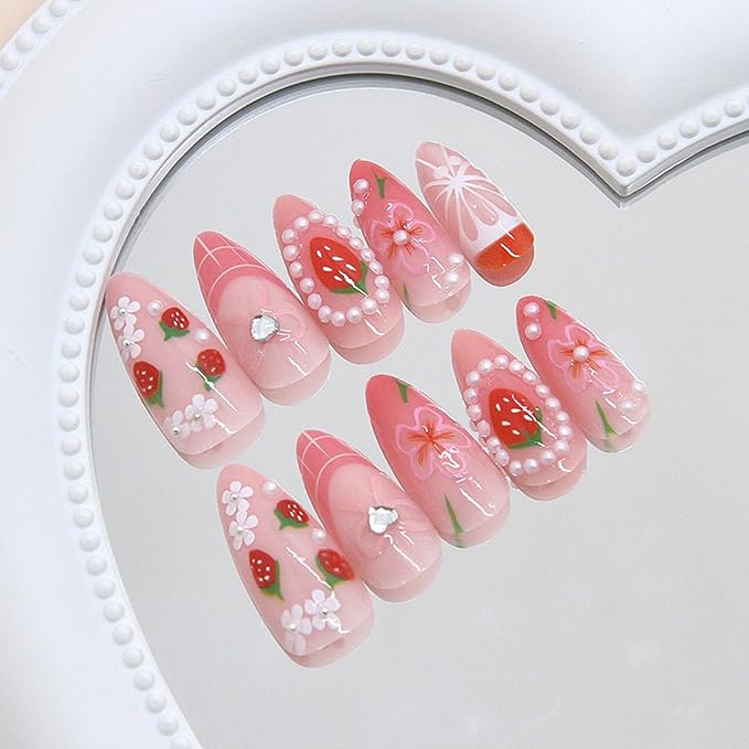 24Pcs Strawberry Press on Nails Medium Almond Fake Nails with 3D Pearl Designs Pink French Tip Acrylic Nail Cute Flower Bow False Nail Summer Glue on Nails for Women DIY Manicure