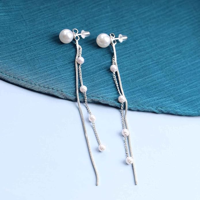 Vintage Pearl Dangle Earrings Long Pearl Chain Earrings Silver Pearl Tassel Drop Earrings Tiny Pearl Bridal Earrings Jewelry for Women