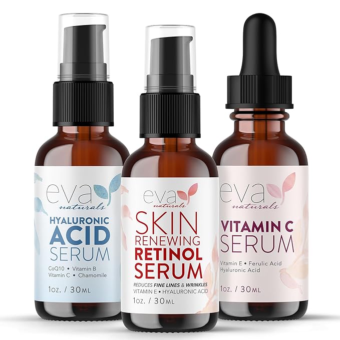 Eva Naturals Anti-Aging Serum Set – Vitamin C, Retinol & Hyaluronic Acid Serums for Face, Hydrating Bundle for Skin, Fine Lines, Wrinkles, Collagen, Firming, Plumping, Radiance & Youthful Hydration