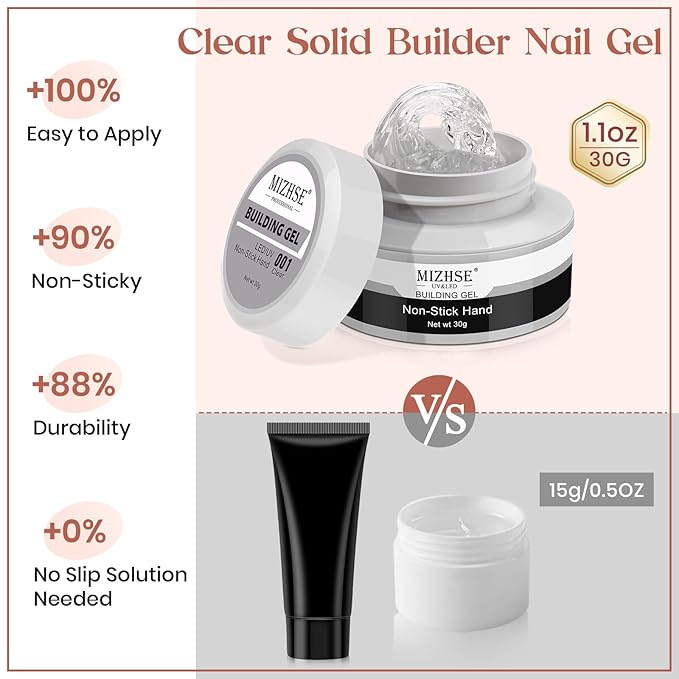 MIZHSE Clear Solid Builder Gel For Nails, 30g Non-Sticky Nail Extension Hard Builder Gel, Nail Strengthen 3D Sculpting Nail Art for Carving Modeling Soak Off Manicure Home