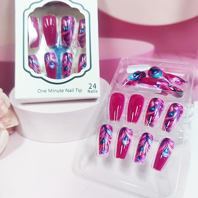 24Pcs Peacock Feather Press on Nails Rose Red Plume Stick on Nails Medium Coffin Acrylic Full Cover False Nails Glossy Blue Feather Eye Fake Nails Curve Line Gel Glue on Nails for Coquette Women Girls