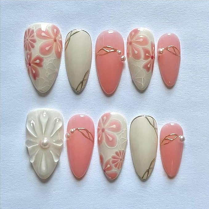 3D Flower Press on Nails Medium Almond Nails Tips Cute Floral Fake Nails with Designs Gold Line Glue on Nail Nude Pink Acrylic Nail Full Cover Pearl False Nails for Women Manicure Supplies 30Pcs