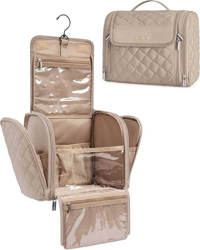 BAGSMART Makeup Bag for Women with Hanging Hook, Large Portable Capacity Water-resistant Organizer Travel Case for Toiletries and Cosmetics, Brown