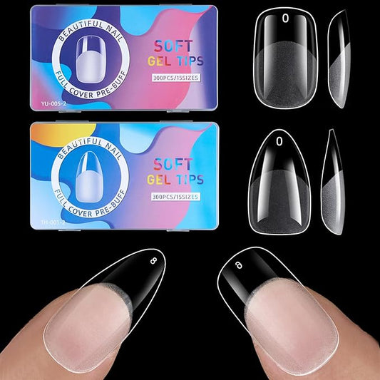 BlueZOO Gel Almond & Squoval Nail Tips 600Pcs - Medium 2 Shapes Acrylic Fake Nails Pre-etching Tapered Square and Almond Press On False Nail for Extension Manicure Home DIY Salon Supplies, 15 Sizes