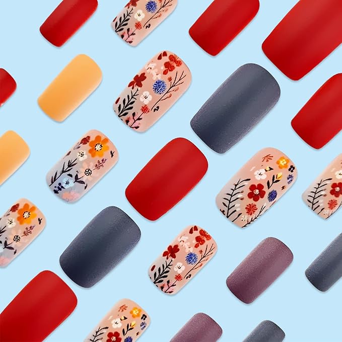 24Pcs Black Leaves Fake Nails Spring Flower Press on Nails Matte Red Flowers Stick on Nails Medium Square Acrylic False Nails Butterfly Gel Glue on Nails for Coquette Women Girls