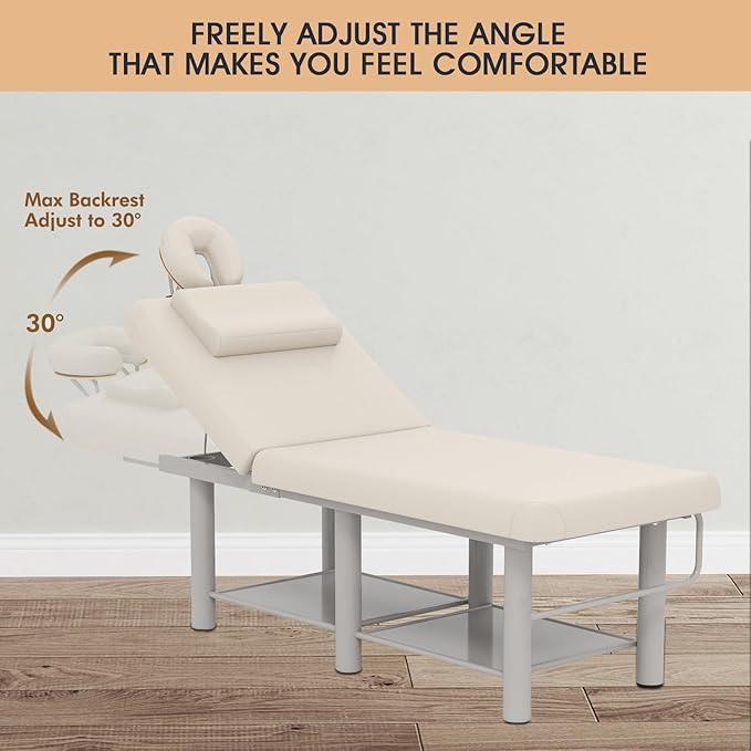 Heavy Duty Wide Stationary Massage Table Metal Frame PU Leather Spa Facial Professional Adjustable Massage Bed with Open-Chest & Headrest for Treatment Physical Therapy Tatoo Salon Equipment (Gray)