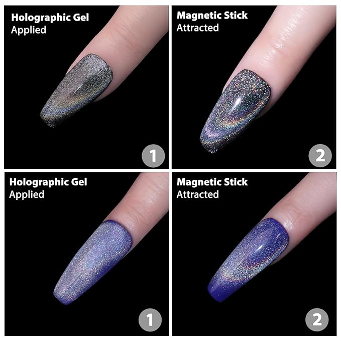 Cat Eye Gel Nail Polish 10ml 1pcs, Holographic Glitter Rainbow Cat Eye Gel Polish with 1Pcs Magnetic Stick for Nail Art Design Soak Off UV LED Magnetic Nail Polish Cat Eye Effect