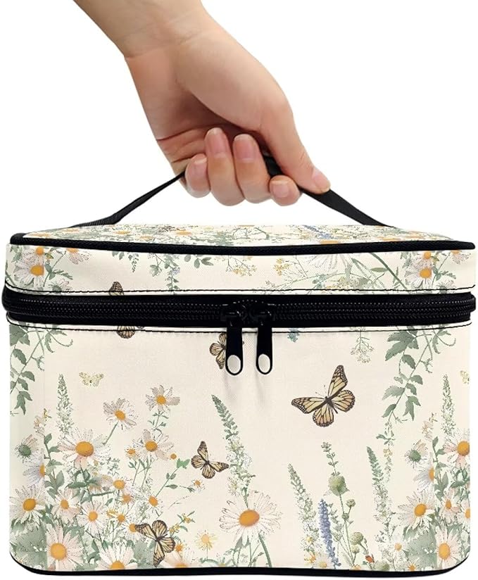 Butterfly Daisy Floral Print Travel Makeup Bags for Women Portable Tote Cosmetic Case with Carry Handle Toiletry Accessories Storage Organizer Bags