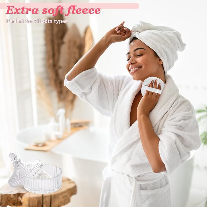 2Pcs Extra Large Body Powder Puff & Luxury 6" Glass Jar Dusting Powder Container with Puff for Women Bath Powder Puffs Perfect for Talcum or Loose Powder (White)